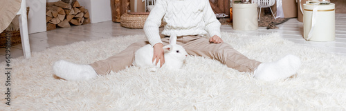 Christmas concept. child with white rabbit on the white carpet near Christmas tree in a home interior. Symbol of the year 2023. Close-up. Chinese New year.