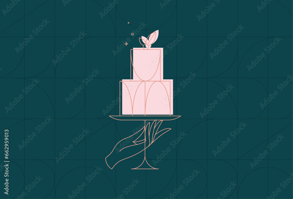 Cake stand with dessert in art deco style holding by hand drawing on dark turquoise background