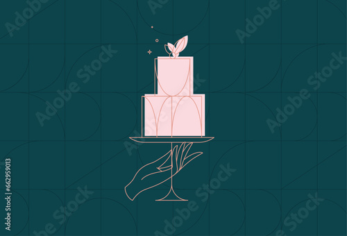 Obraz na płótnie Cake stand with dessert in art deco style holding by hand drawing on dark turquoise background w salonie
