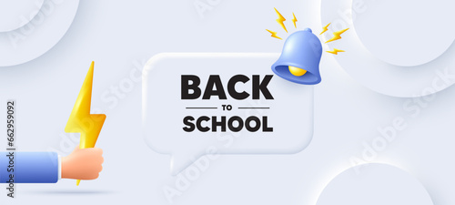 Back to school tag. Neumorphic background with chat speech bubble. Education offer. End of vacation slogan. Back to school speech message. Banner with energy. Vector