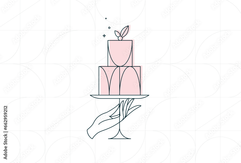Cake stand with dessert in art deco style holding by hand drawing on white background