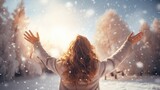 Woman throwing snow in the air at sunny winter day, back view. AI
