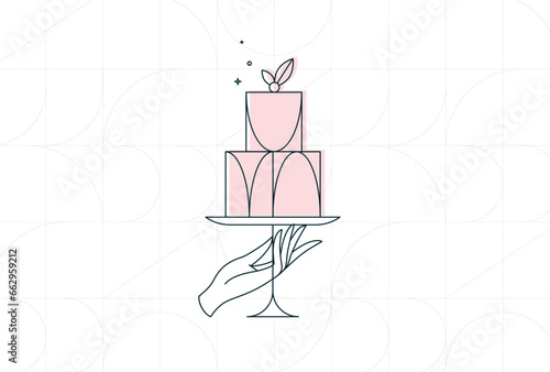 Obraz na płótnie Cake stand with dessert in art deco style holding by hand drawing on white background w salonie