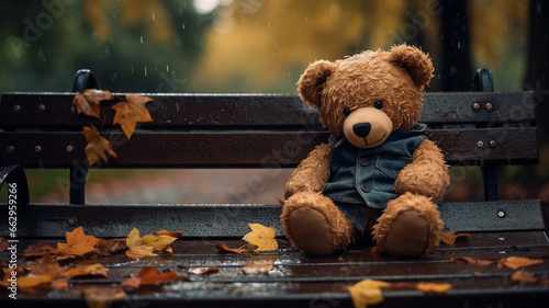 teddy bear sitting on a bench in the fall park.