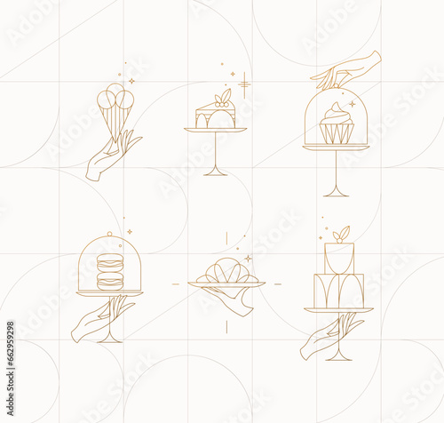 Dessert on cake stand in art deco style holding ice cream, cupcake, macarons, croissant drawing on beige background