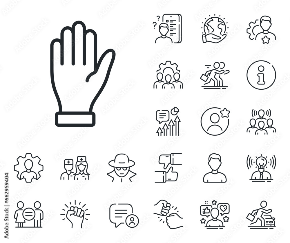 Fototapeta premium Wave palm sign. Specialist, doctor and job competition outline icons. Hand line icon. Gesture symbol. Hand line sign. Avatar placeholder, spy headshot icon. Strike leader. Gender equality. Vector