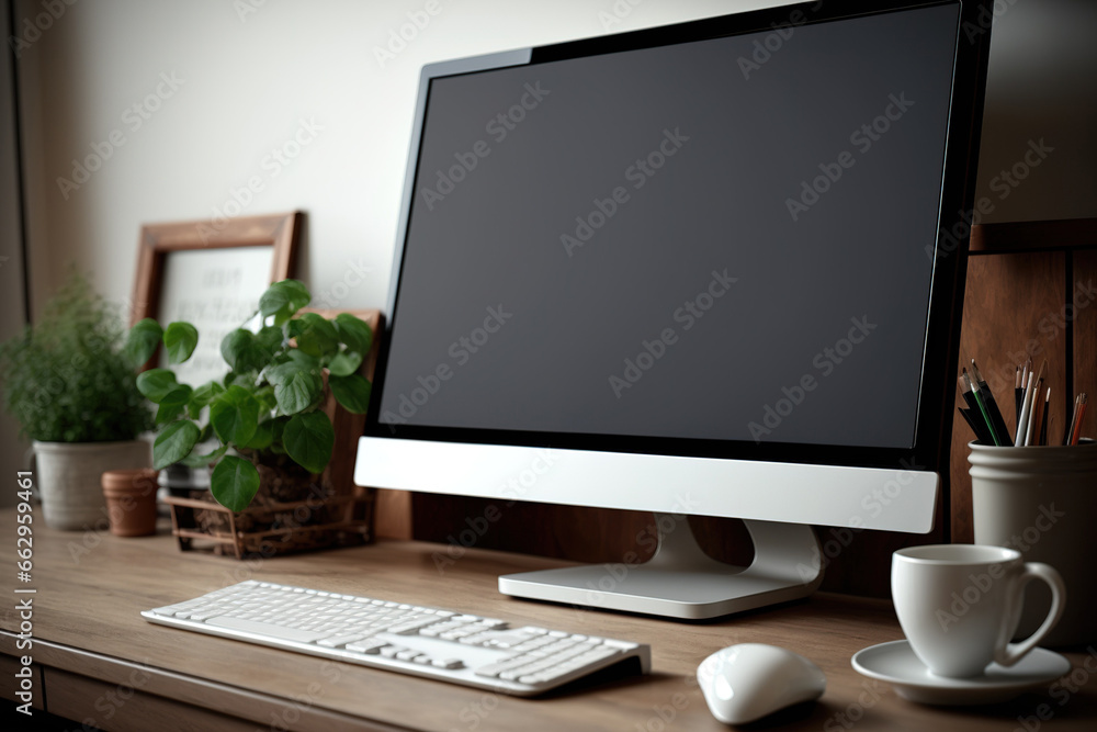 Fototapeta premium Blank-screen computer on a desk in an office or studio. The idea of collaborating with the technological world. Generative AI