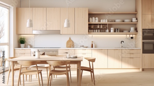 Contemporary minimalist interior of kitchen and dining room in Scandinavian style. Modern design AI