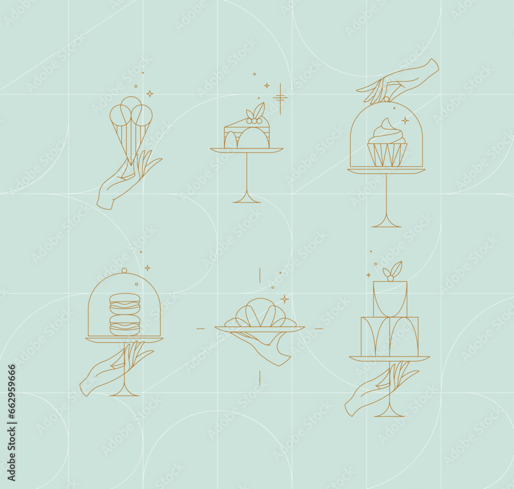 Dessert on cake stand in art deco style holding ice cream, cupcake, macarons, croissant drawing on turquoise background