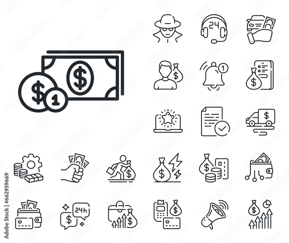 Banking currency sign. Cash money, loan and mortgage outline icons. Cash money with Coins line icon. Dollar or USD symbol. Dollar money line sign. Credit card, crypto wallet icon. Vector