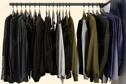Trendy Shirts and clothes on hangers on clothing rack in the fashion retail shop 3D render style