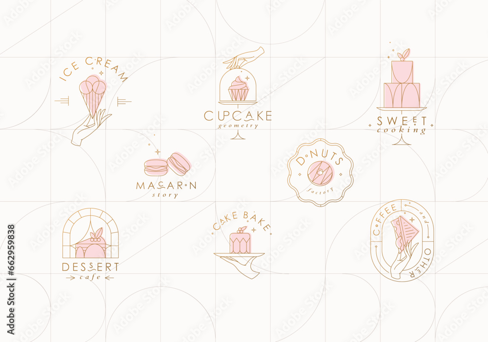 Bakery dessert labels with lettering in art deco style drawing on beige background