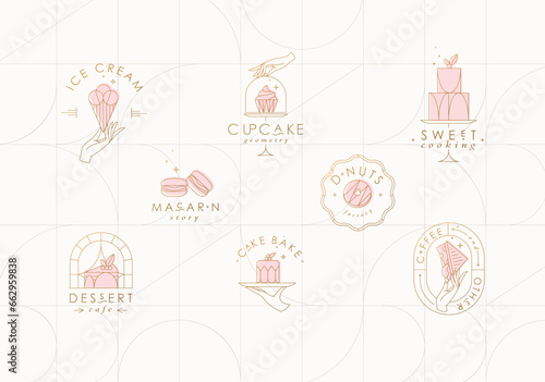 Obraz na płótnie Bakery dessert labels with lettering in art deco style drawing on beige background w salonie