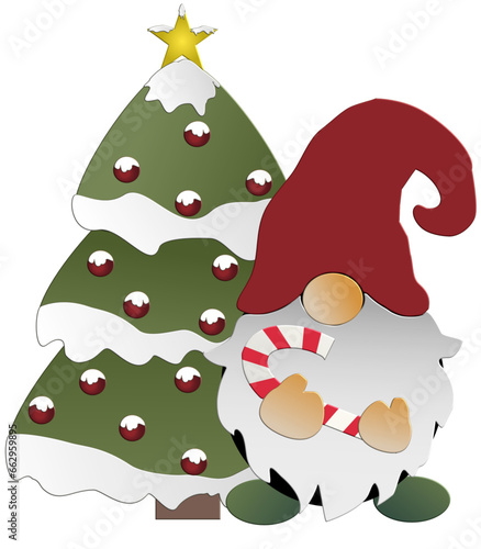 Gnome and Christmas tree - ideal for website, email, presentation, postcard, book, t-shirt, sweatshirt, mug, photo, label, sticker, book, notebook, printable, Cricut, sublimation, silhouette
