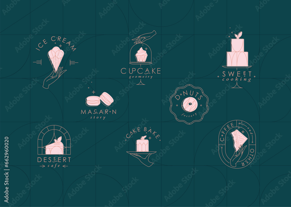 Bakery dessert labels with lettering in art deco style drawing on dark turquoise background