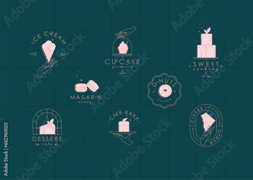 Obraz na płótnie Bakery dessert labels with lettering in art deco style drawing on dark turquoise background w salonie