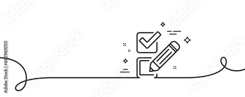 Checkbox line icon. Continuous one line with curl. Survey choice sign. Business review symbol. Checkbox single outline ribbon. Loop curve pattern. Vector