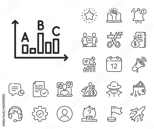 Best answer sign. Salaryman, gender equality and alert bell outline icons. Survey results line icon. Business stats symbol. Survey results line sign. Spy or profile placeholder icon. Vector