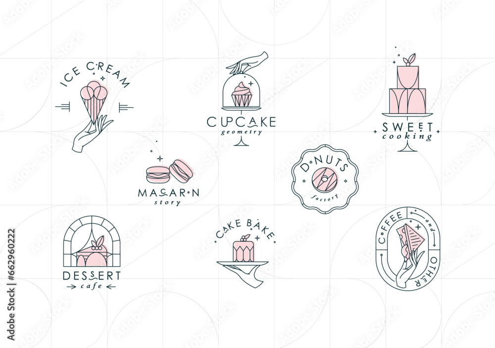 Bakery dessert labels with lettering in art deco style drawing on white background