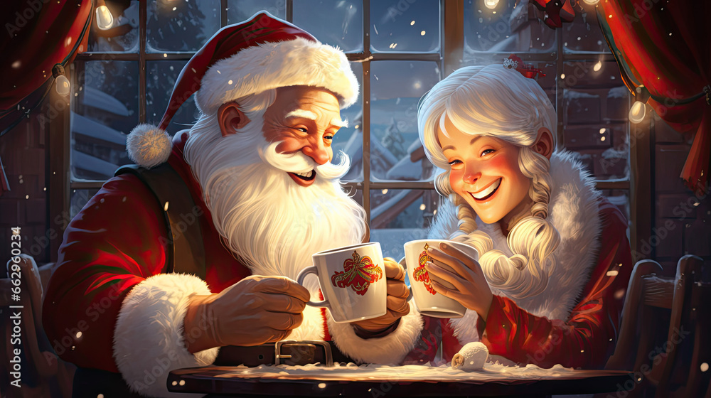 A joyful design featuring Santa Claus and Mrs. Claus sharing a comically oversized cup of hot cocoa