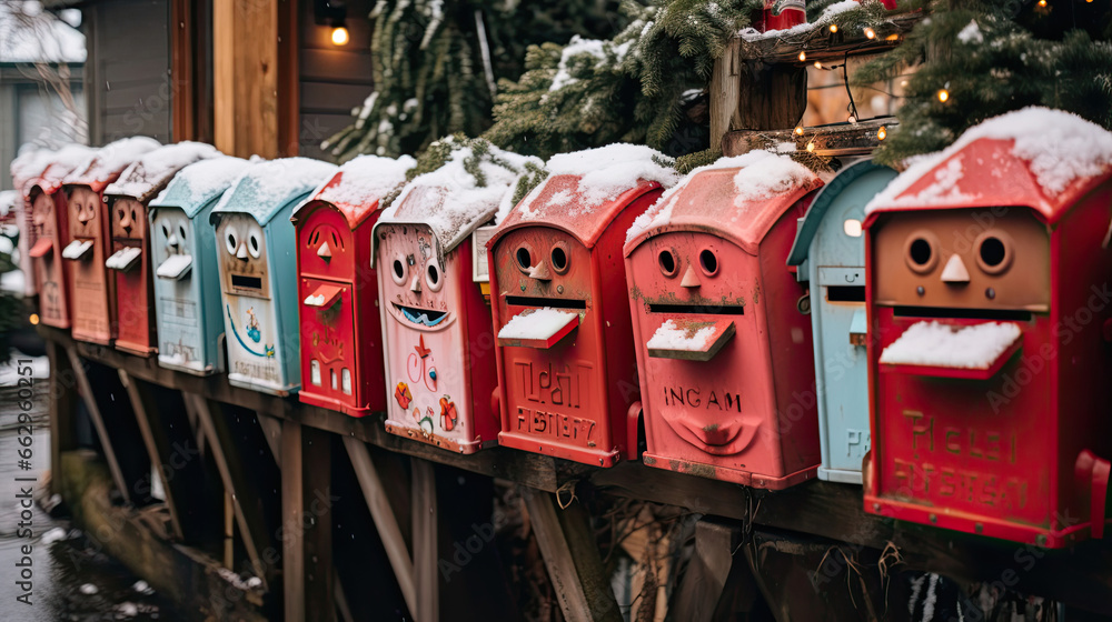Rows of festively decorated mailboxes with exaggerated happy faces surrounded by swirling snowflakes
