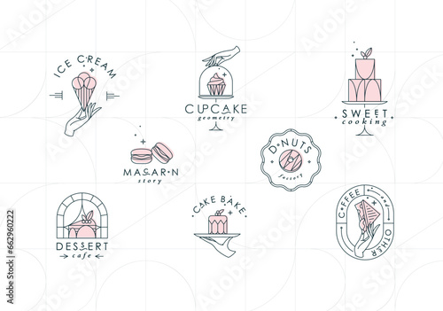 Bakery dessert labels with lettering in art deco style drawing on white background