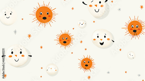 A playful pattern of animated snowflakes forming whimsical faces with button eyes and carrot noses