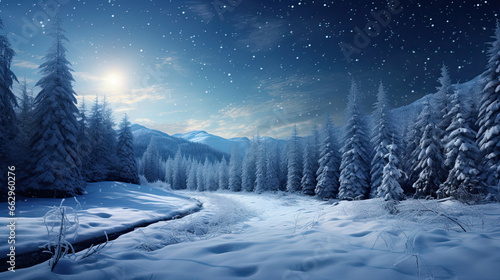 Mystical Winter Forest Trail under Starry Skies © javier
