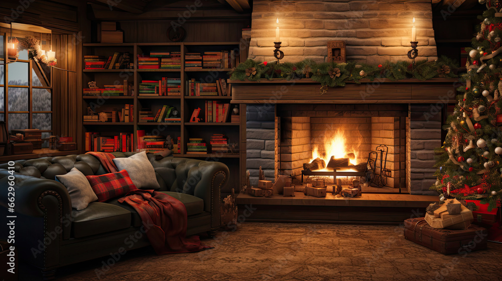 Inviting Living Room with Tree Fireplace and Plush Couches