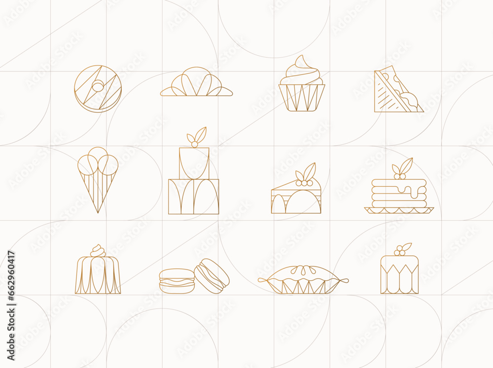 Dessert icons in art deco style donut, croissant, cupcake, sandwich, ice cream, cake, dessert, pancakes, macarons, pie jelly drawing on beige background