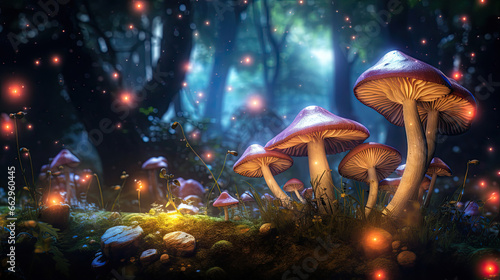 Enchanted Woodland Glade with Oversized Mushrooms and Lights © javier