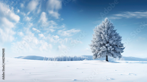Tranquil Snowy Meadow with Solitary Fir Tree Against Winter Landscape © javier