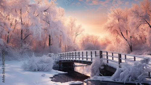 Charming Bridge Over a Frozen River at Sunset