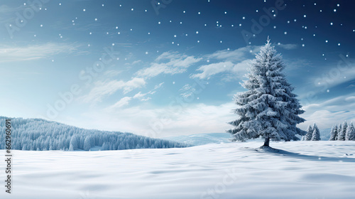 Snowy Meadow with a Serene Fir Tree © javier