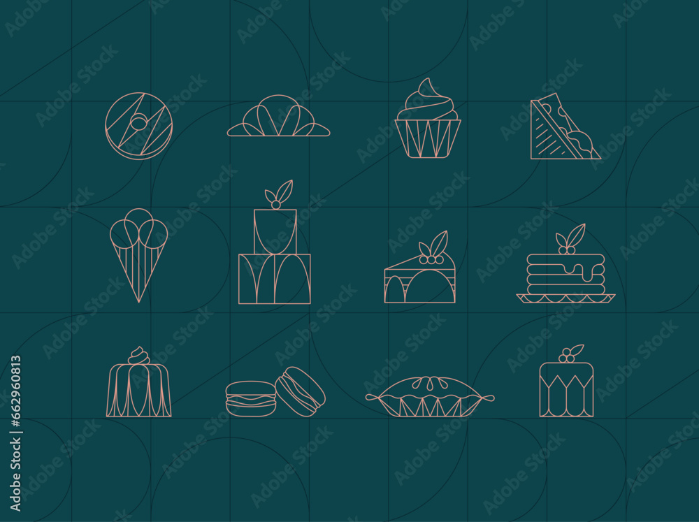 Dessert icons in art deco style donut, croissant, cupcake, sandwich, ice cream, cake, dessert, pancakes, macarons, pie, jelly drawing on dark turquoise background