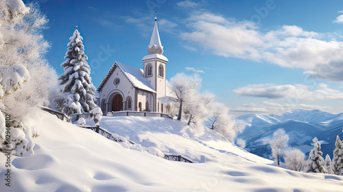 Snowy Hillside Scene with Charming Chapel