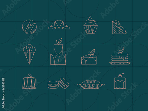 Dessert icons in art deco style donut, croissant, cupcake, sandwich, ice cream, cake, dessert, pancakes, macarons, pie, jelly drawing on dark turquoise background