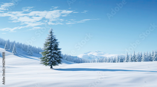 Serene Snowy Meadow with Solitary Fir Tree