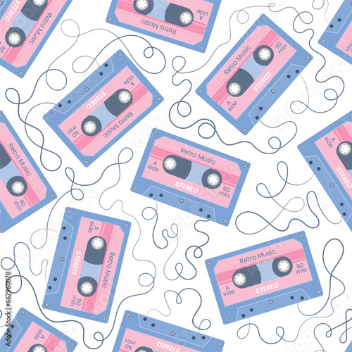 Seamless pattern with audio cassette and unwound tape. Retro mixtape of tunes and songs 80s or 90s. Audio equipment for analog music records. Trendy groovy background for poster, wrapping, wallpaper