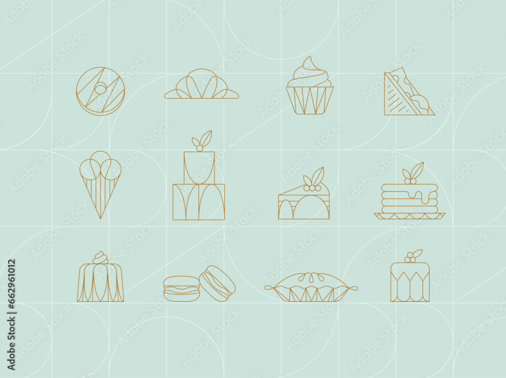 Dessert icons in art deco style donut, croissant, cupcake, sandwich, ice cream, cake, dessert, pancakes, macarons, pie jelly drawing on turquoise background