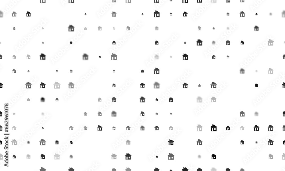 Seamless background pattern of evenly spaced black house symbols of different sizes and opacity. Illustration on transparent background