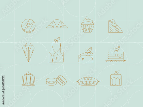 Obraz na płótnie Dessert icons in art deco style donut, croissant, cupcake, sandwich, ice cream, cake, dessert, pancakes, macarons, pie jelly drawing on turquoise background w salonie