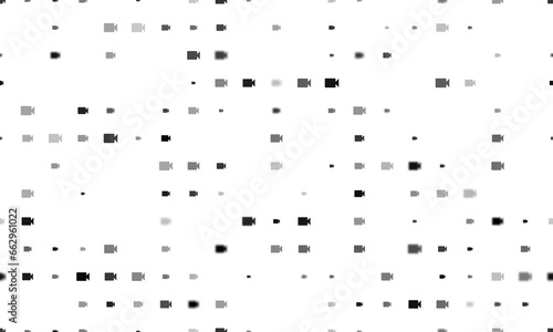 Seamless background pattern of evenly spaced black video camera symbols of different sizes and opacity. Illustration on transparent background