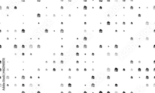 Seamless background pattern of evenly spaced black house symbols of different sizes and opacity. Illustration on transparent background