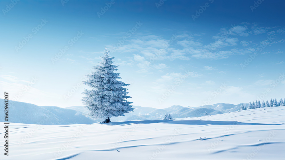 Snow-covered Meadow with Lonely Fir Tree Ideal for Holiday-themed Wallpaper