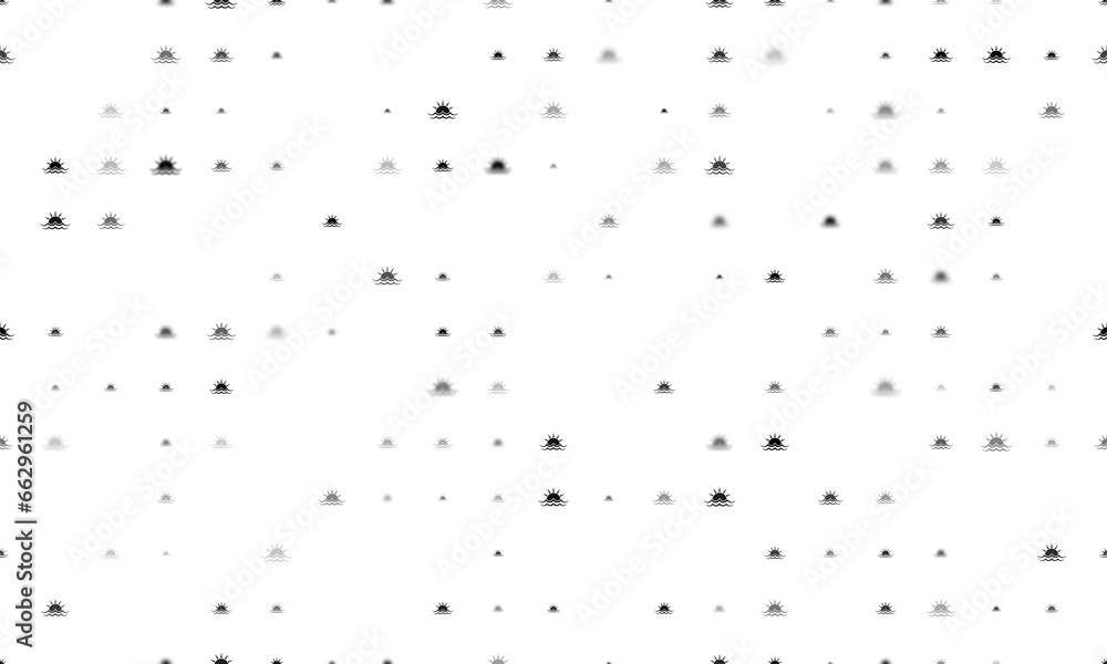 Seamless background pattern of evenly spaced black sunrise at sea symbols of different sizes and opacity. Illustration on transparent background