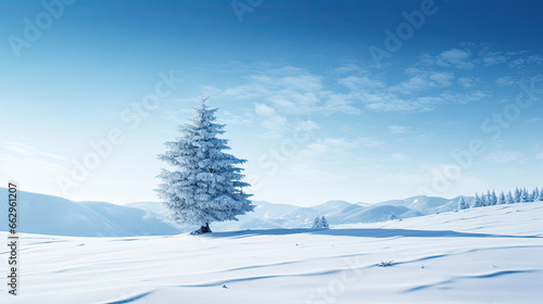Snow-covered Meadow with Lonely Fir Tree Ideal for Holiday-themed Wallpaper