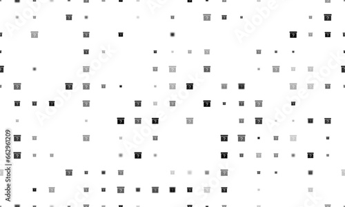 Seamless background pattern of evenly spaced black gift box with a question symbols of different sizes and opacity. Illustration on transparent background