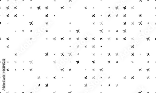 Seamless background pattern of evenly spaced black plane symbols of different sizes and opacity. Illustration on transparent background