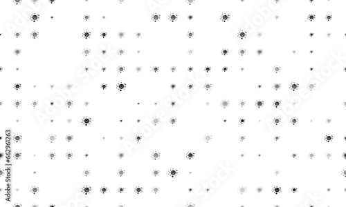 Seamless background pattern of evenly spaced black cosmic symbols of different sizes and opacity. Illustration on transparent background